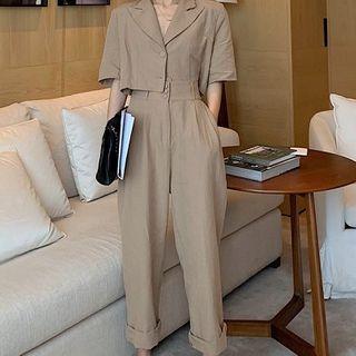 Set: V-neck Cropped Blouse + High-waist Wide-leg Pants