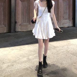 Sleeveless Plain Drawstring Mini Dress