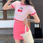 Short-sleeve Cherry Print Sweater / Mini Pencil Skirt