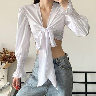 Puff Sleeve Ruffled-trim V-neck Two-way Shirt