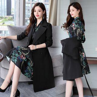 Set: Double Breasted Long Coat + Long-sleeve Floral Print A-line Dress