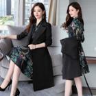 Set: Double Breasted Long Coat + Long-sleeve Floral Print A-line Dress
