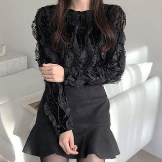 Long-sleeve Ruffle Lace Blouse / Mini A-line Skirt