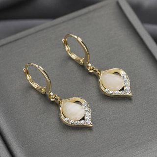 Leaf Faux Cat Eye Stone Rhinestone Alloy Dangle Earring 1 Pair - Dangle Earring - White & Gold - One Size