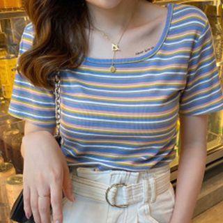 Short-sleeve Scoop-neck Striped T-shirt