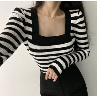 Long Sleeve Square Neck Stripe T-shirt