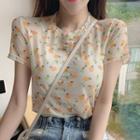 Short-sleeve Floral-pattern Mesh Top