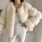 Collarless Embossed Open Faux-fur Jacket