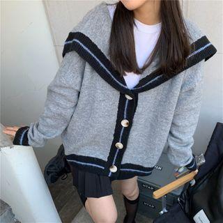 Sailor-collar Loose-fit Cardigan Gray - One Size