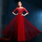 Elbow-sleeve Lace Appliqu  A-line Evening Gown