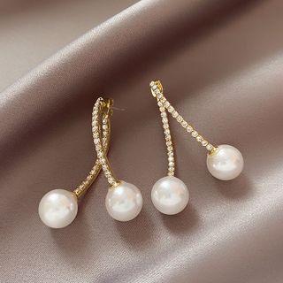 Faux Pearl Rhinestone Alloy Dangle Earring 1 Pair - Earring - Silver Needle - Gold - One Size