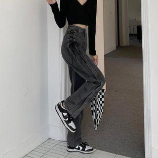 Lace-up High Waist Straight Leg Jeans