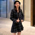Double-breasted Plaid Cropped Blazer / Plaid Mini Pleated Skirt