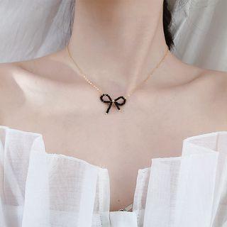 925 Sterling Silver Faux Crystal Bow Choker Black Bow - Gold - One Size