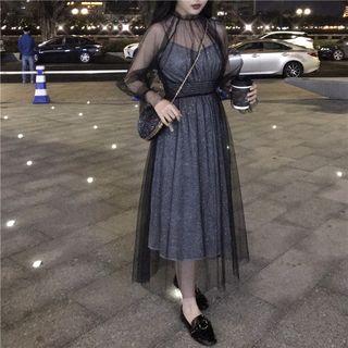 Set: Stand Collar Sheer Mesh Dress + Slipdress