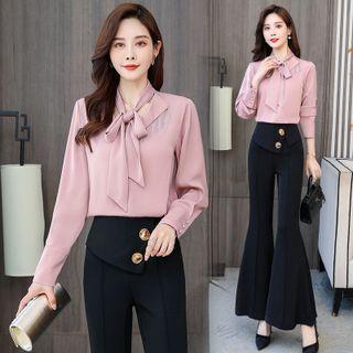 Set: Long Sleeve Tie-neck Blouse + Boot-cut Dress Pants