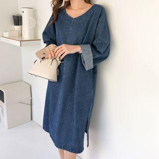 V-neck Slit-side Denim Dress Dark Blue - One Size