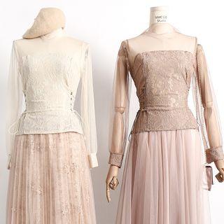 Lace Panel Long Sleeve Mesh Top