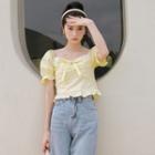 Puff-sleeve Bow Frill Trim Cropped Blouse