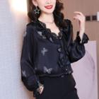 Bell-sleeve Lace Trim Butterfly Print Blouse