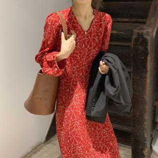 Long-sleeve Floral Midi Dress Red - One Size