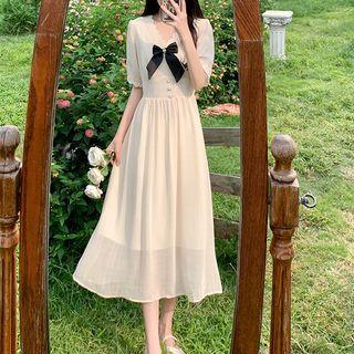 Short-sleeve V-neck Bow Chiffon Dress