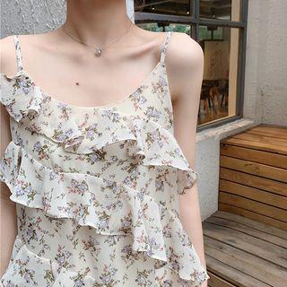 Spaghetti Strap Floral Ruffled A-line Midi Dress