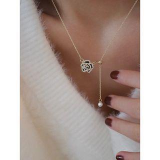 Sterling Silver Rhinestone Flower Necklace Gold & Black - One Size