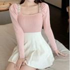 Long-sleeve Rhinestone Knit Top / Pleated Mini A-line Skirt