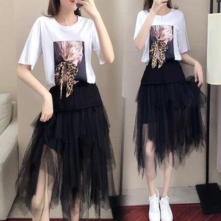 Set: Short-sleeve Leopard Print Bow T-shirt + Midi Mesh Skirt