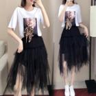 Set: Short-sleeve Leopard Print Bow T-shirt + Midi Mesh Skirt