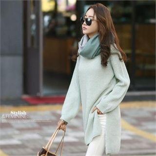 Crew-neck Slit-hem Long Sweater