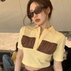 Short-sleeve Two-tone Shirred Cropped Top Yellow - One Size
