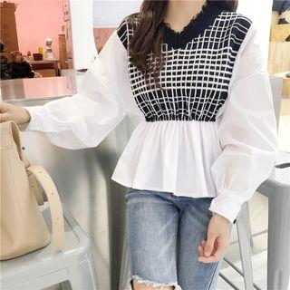 Check Knit Panel Blouse