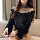Bell-sleeve Mesh Panel Velvet Blouse