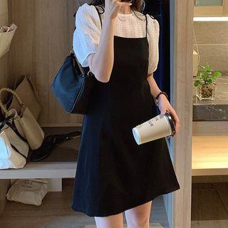 Set: Puff-sleeve Top + Mini A-line Pinafore Dress