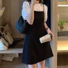 Set: Puff-sleeve Top + Mini A-line Pinafore Dress