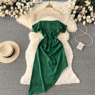 Ruffle Off-shoulder Asymmetrical Hem Spaghetti-strap Dress