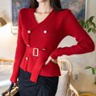 Long-sleeve V-neck Knit Top Red - One Size