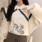 Embroidered Pattern Peter Pan Collar Long-sleeve Sweater