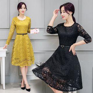 Long-sleeved Crewneck A-line Cutout Plain Panel Slim Lace Long Sheath Dress