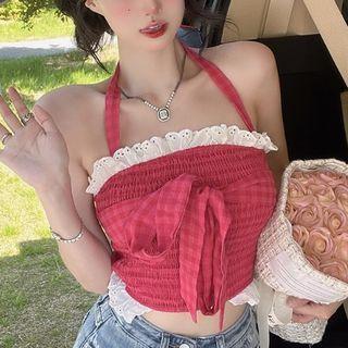 Halter Neck Eyelet Trim Camisole Top Rose Pink - One Size