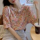 Elbow-sleeve Floral Blouse Red - One Size
