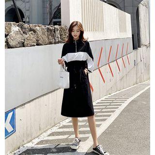 Color Block Drawstring 3/4-sleeve Midi A-line Dress