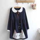 Cat Print Long-sleeve Linen A-line Dress Navy Blue - One Size