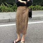 Leopard Print Slit Midi Skirt As Shown In Figure - One Size