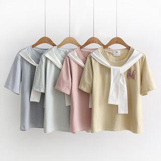 Tie Neck Pinstriped Short-sleeve T-shirt