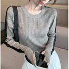 Long-sleeve Color-block Knit Top Black & Gray - One Size