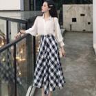 V-neck Lantern Long-sleeve Shirt / High-waist Skirt