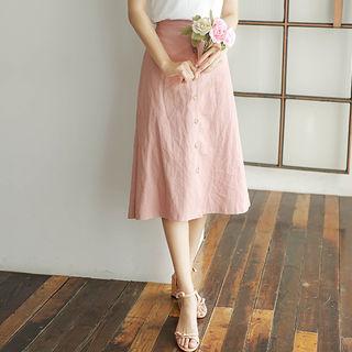 Linen-blend Buttoned A-line Long Skirt